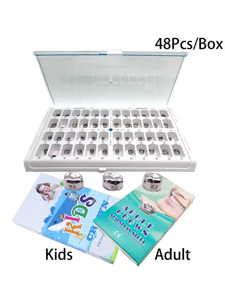 48pcs Stainless Steel Temporary Crowns Kit Adult Kids 